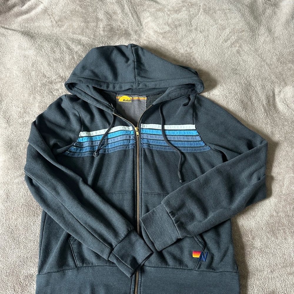 Aviator Nation Black and Blue Zip Up Jacket with Sporty Stripes
